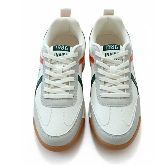 White Sneakers with Red & Navy Blue Stripes